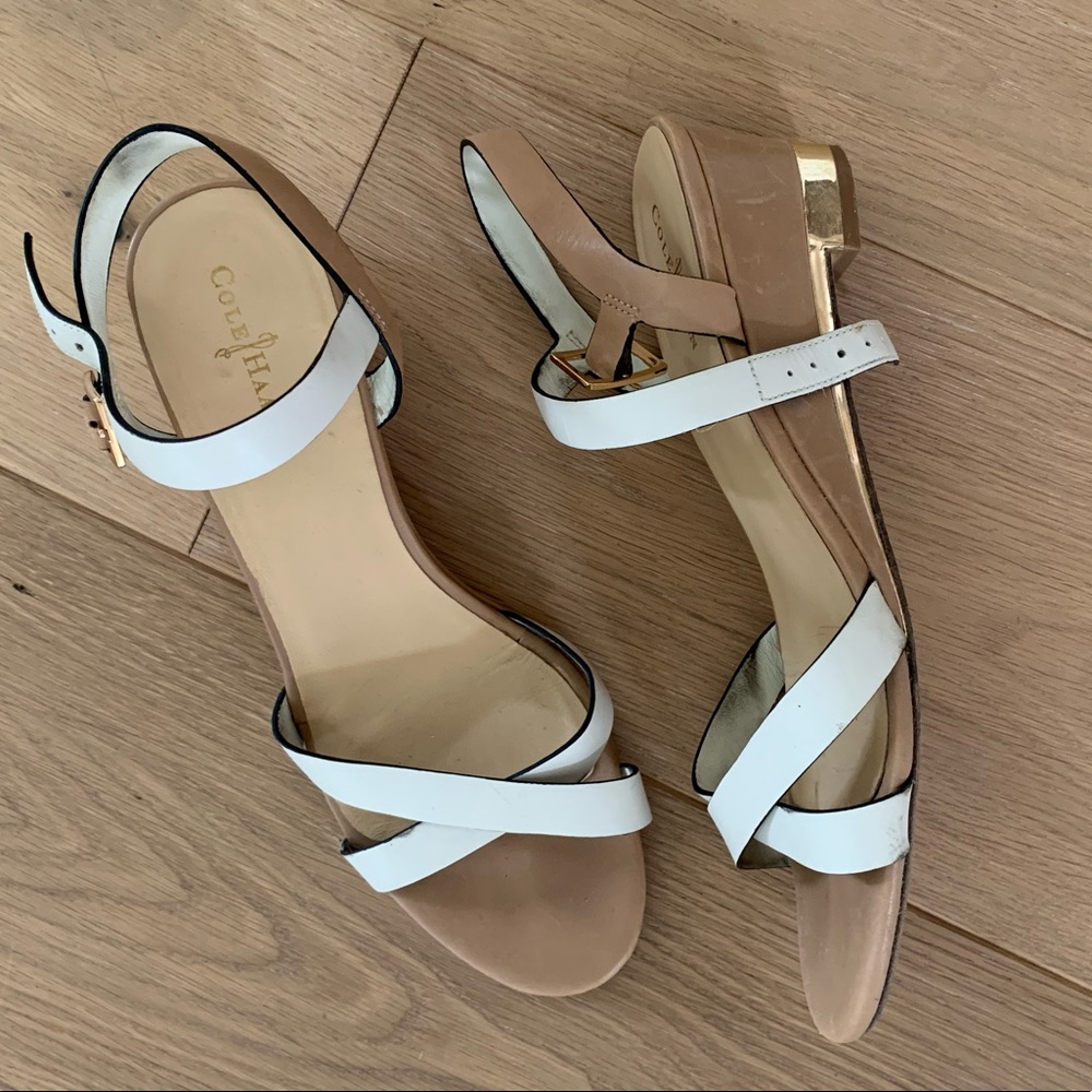White and tan block heels